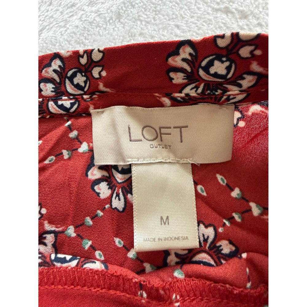 Loft Womens size M Red Floral Lattice Print Short Sleeve Blouse work casual cute - Picture 4 of 6